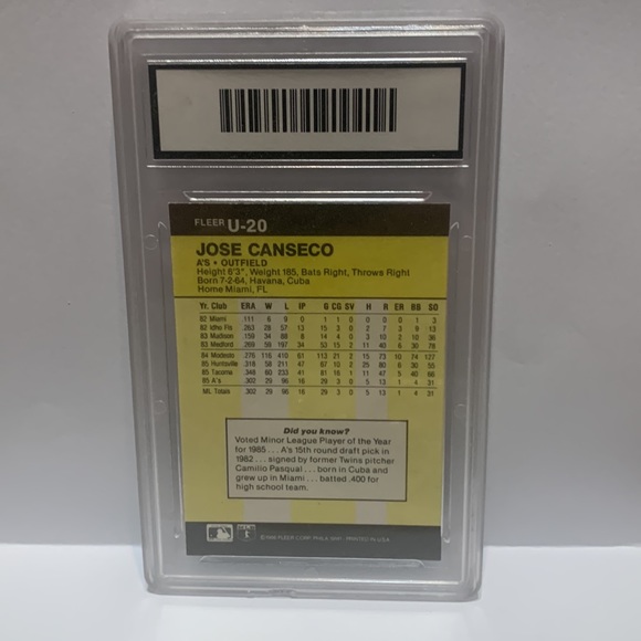 1986 Fleer Update Jose Canseco GMA 8.5 #U-20 (MISC8) - Picture 2 of 3
